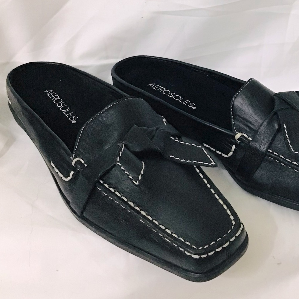 Aerosoles Black Leather Marine Bio Slide Mule Shoes